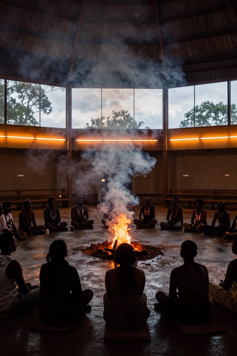 Aboriginal Smoking Ceremony in Darwin Hall at Dusk in in a ceremonial hall in Darwin