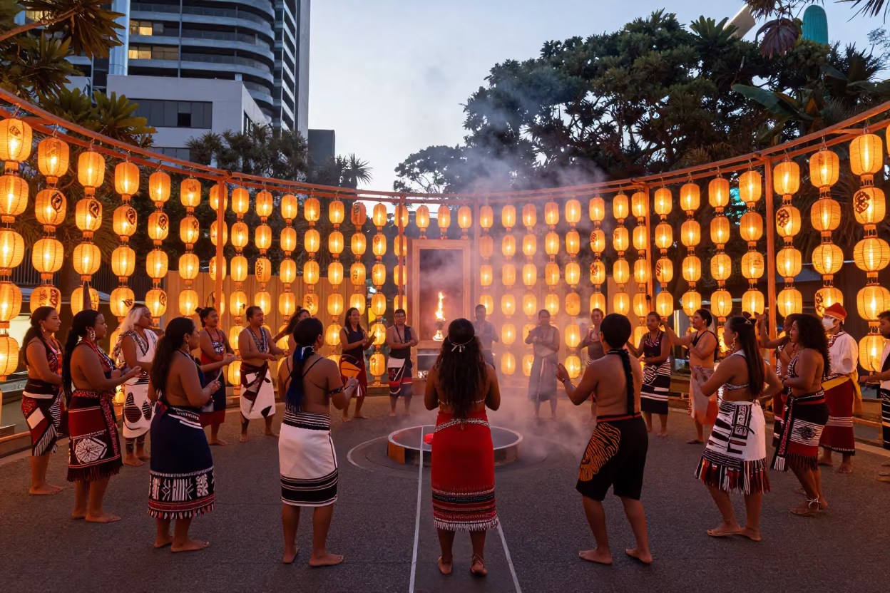 Aboriginal Songline Ceremony in Surry Hills Lantern Shrine in in a shrine lined with lanterns in Surry Hills, Sydney