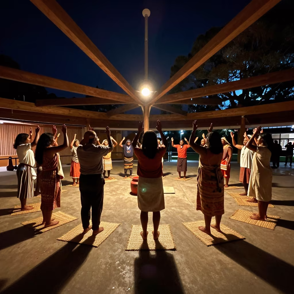 Aboriginal Songline Ceremony in Sydney Hall at Night in in a ceremonial hall in Sydney
