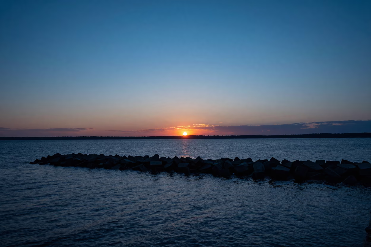 Above Breakwater in Toronto at As The Sun Drops Toward The Horizon in in Toronto, Ontario, Canada