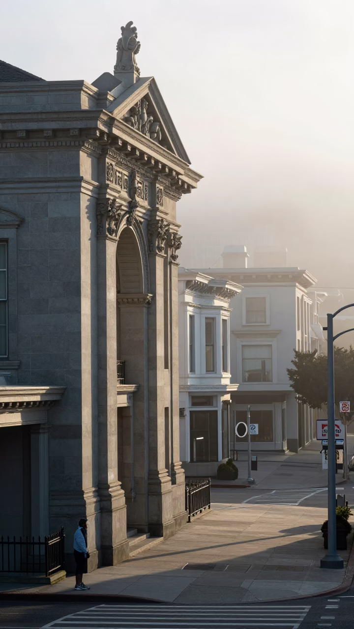Above Fog in San Francisco at As First Light Reaches The Scene in in San Francisco, California, United States