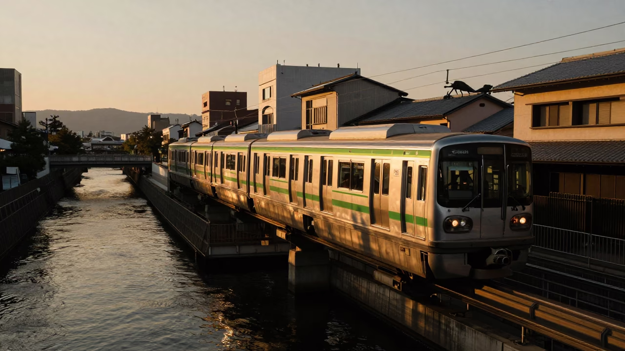 Above River at Honeyed Evening Light in Osaka in in Osaka, Japan