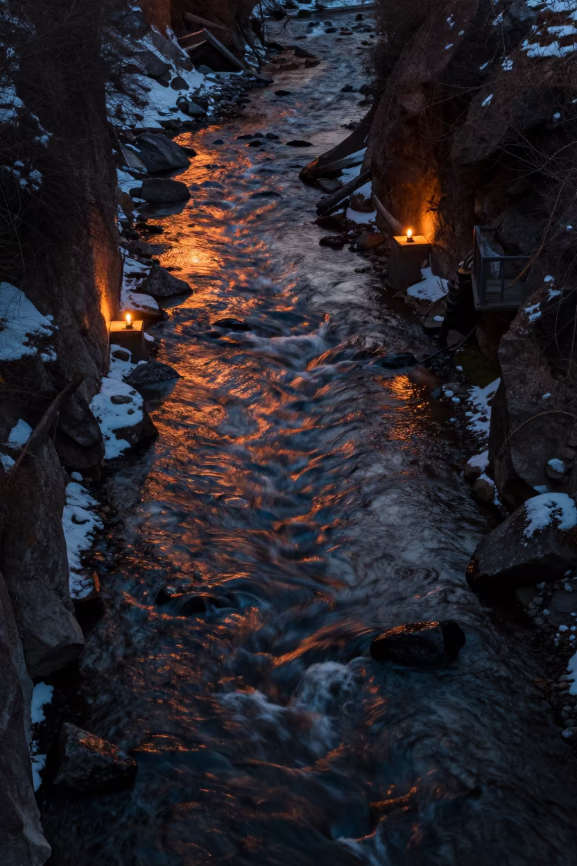 Abstract Copper Stream Lines in Winter in near Bishkek