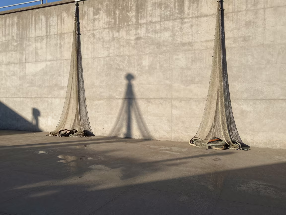 Abstract fishing net shadows on harbor wall in near Auckland