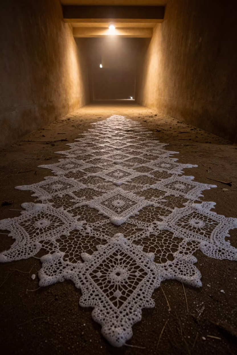 Abstract Foam Lace on Dark Sand in inside a skylit passageway in Helwan