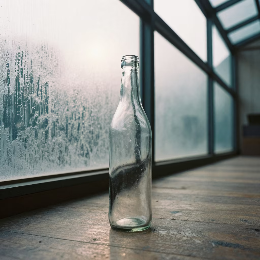 Abstract Light Through Glass Bottle on Wood in inside a glass-roofed arcade in Ranchi