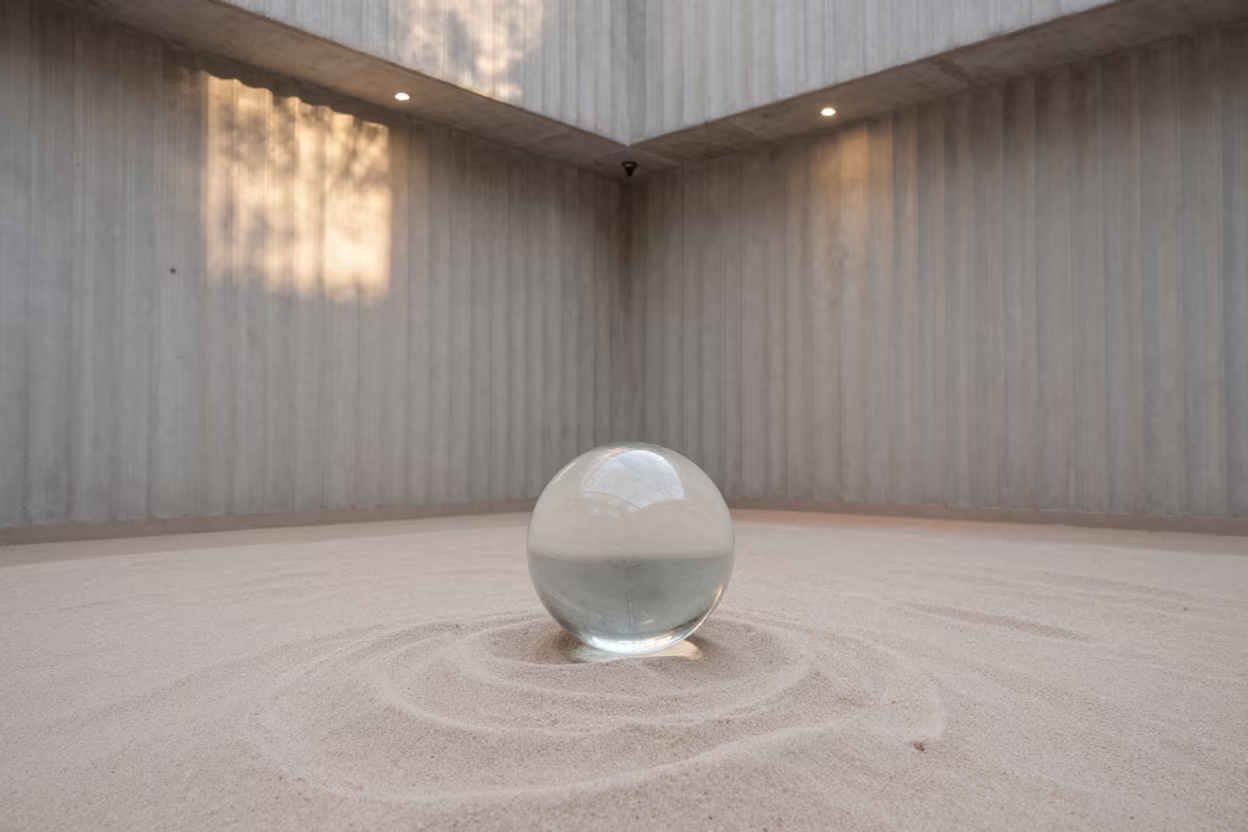 Abstract Light Through Glass Sphere on Sand in inside a ribbed concrete lobby in Kunming