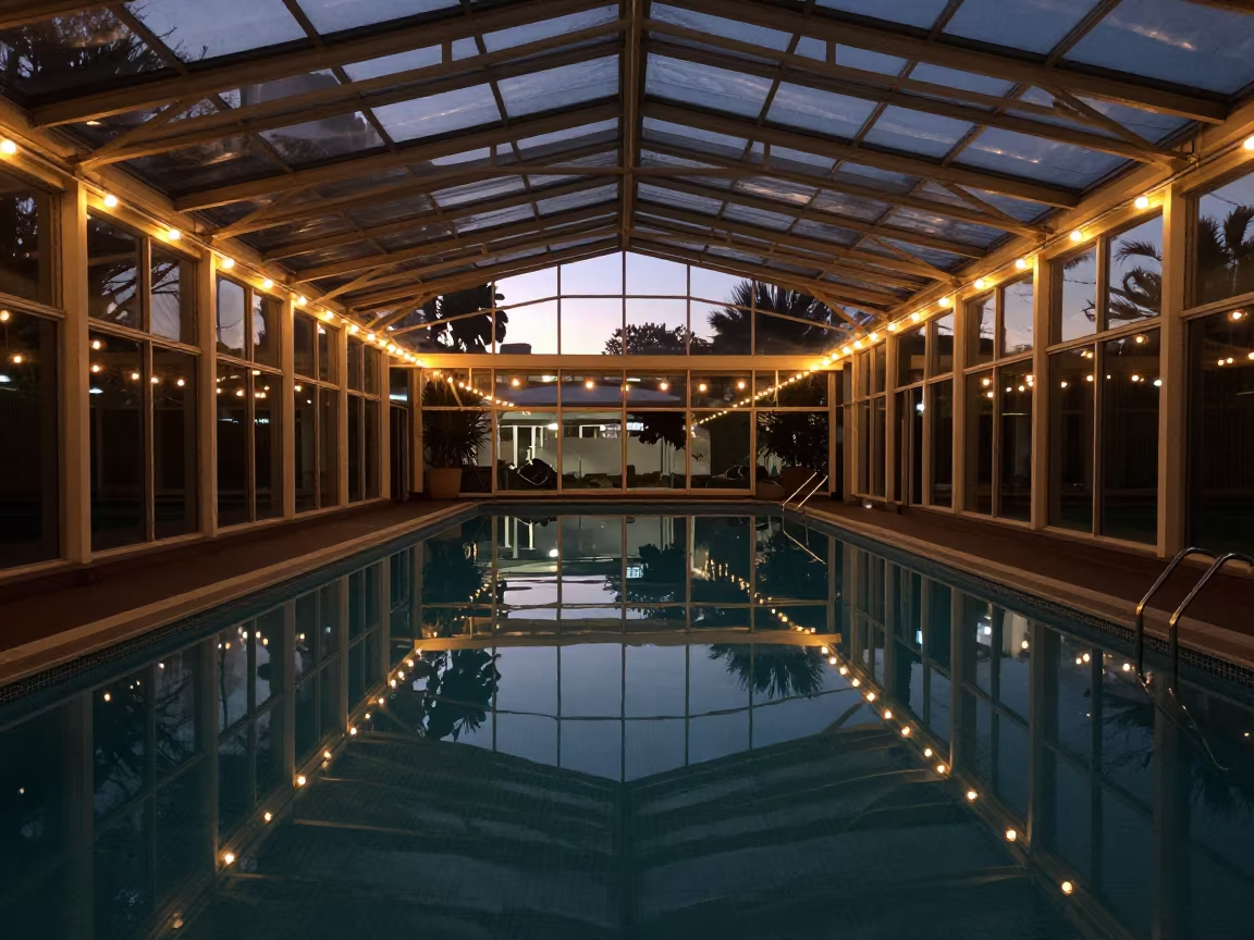 Abstract Light Play Over Empty Pool at Dusk in inside a glass-roofed arcade in Auckland