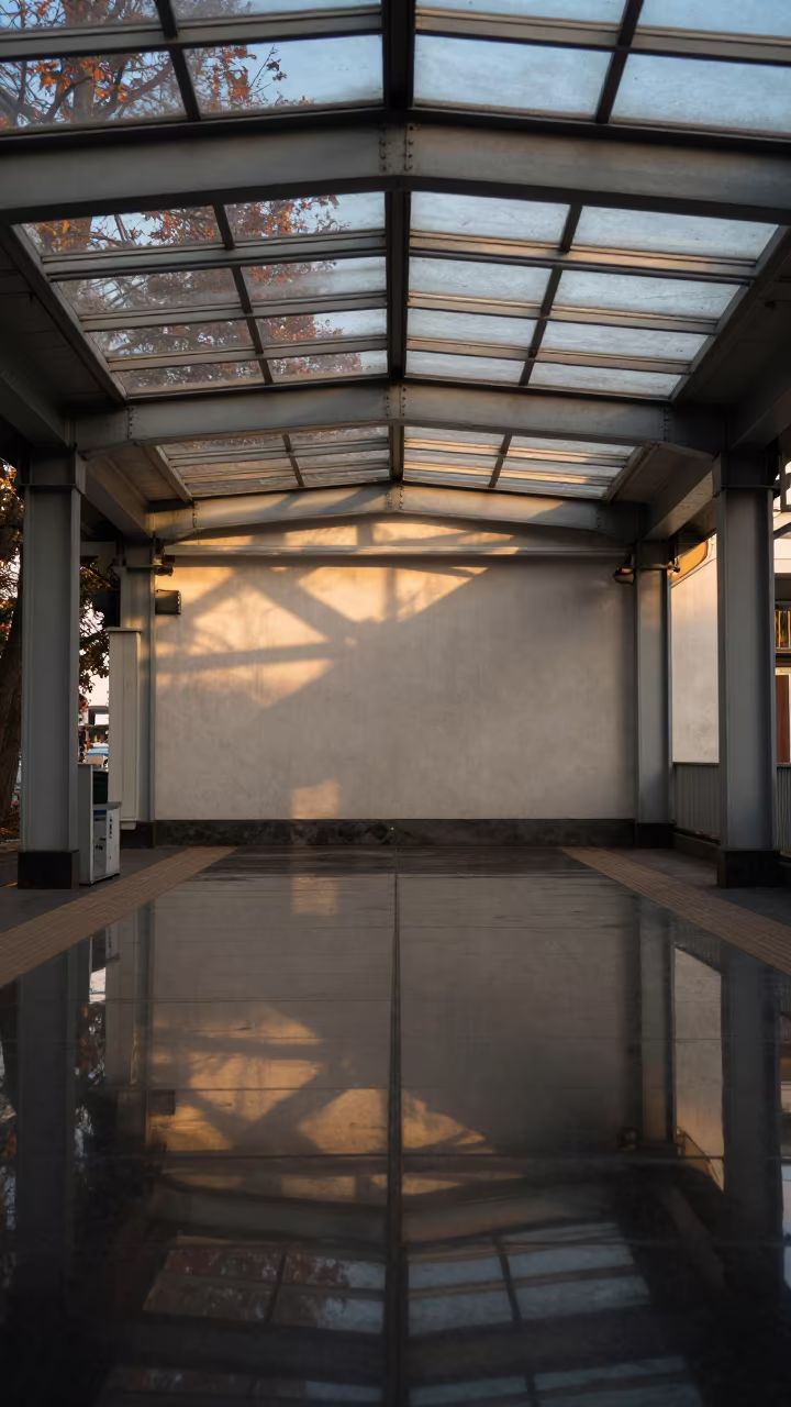Abstract Railway Roof Lines in Autumn Light in inside a skylit passageway near Spotsylvania County