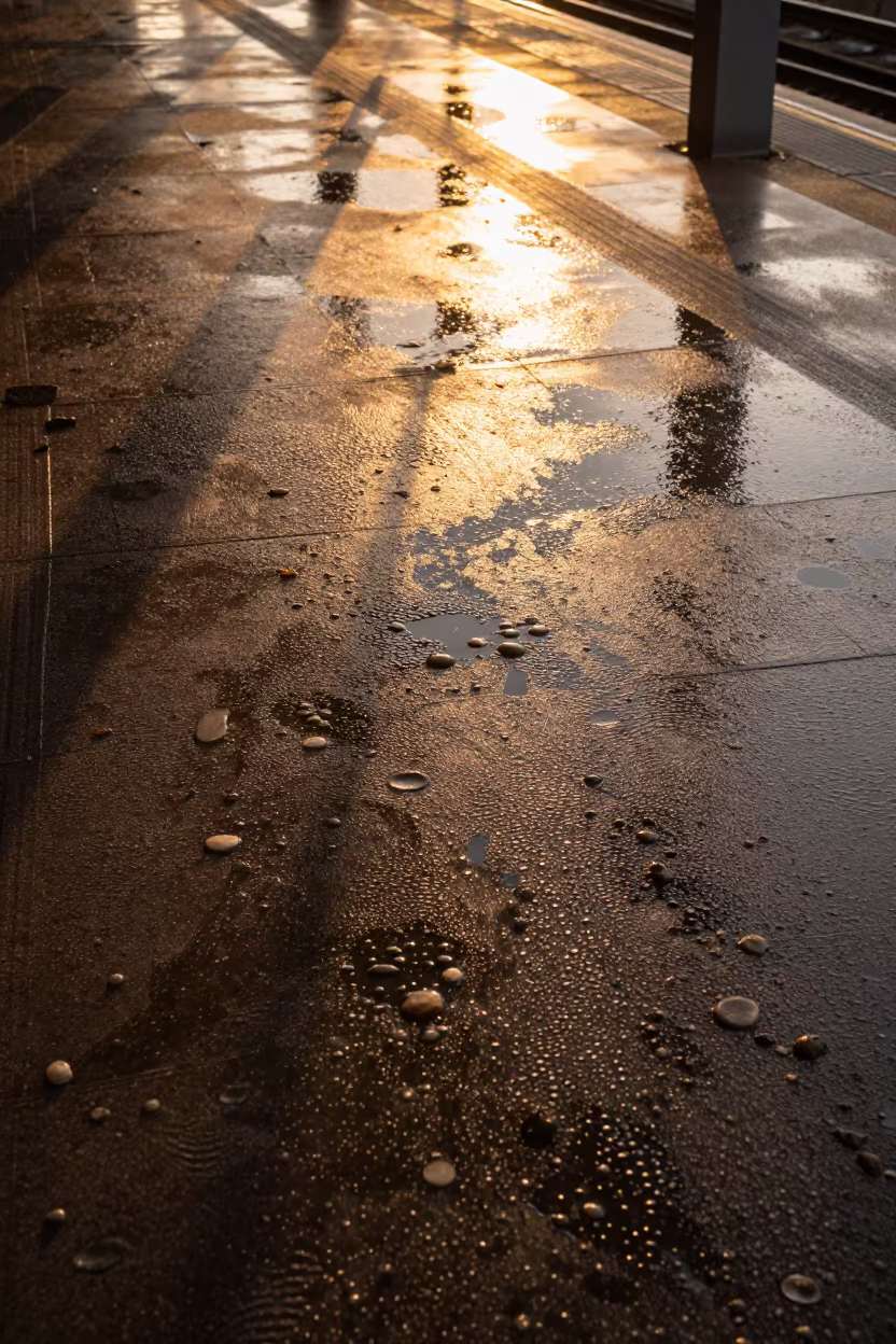 Abstract Rain Dimples on Puddle in Golden Hour in inside a restored train terminal near Gothenburg