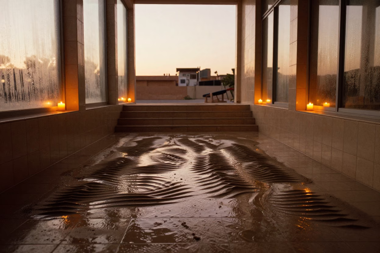 Abstract Tide Patterns Wet Sand Golden Hour in inside a tiled stair hall in N'Djamena