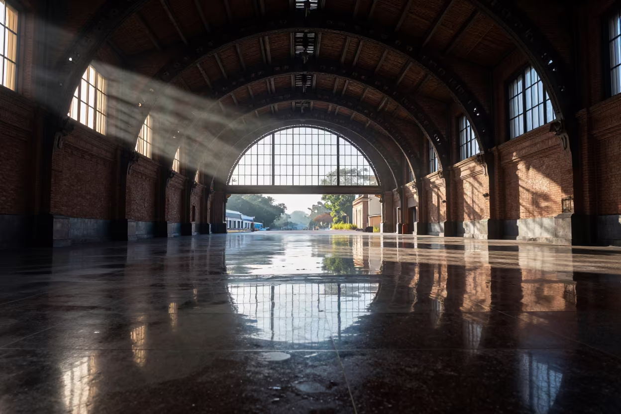 Abstract Water Reflection Splitting Train Terminal in inside a restored train terminal in Campinas