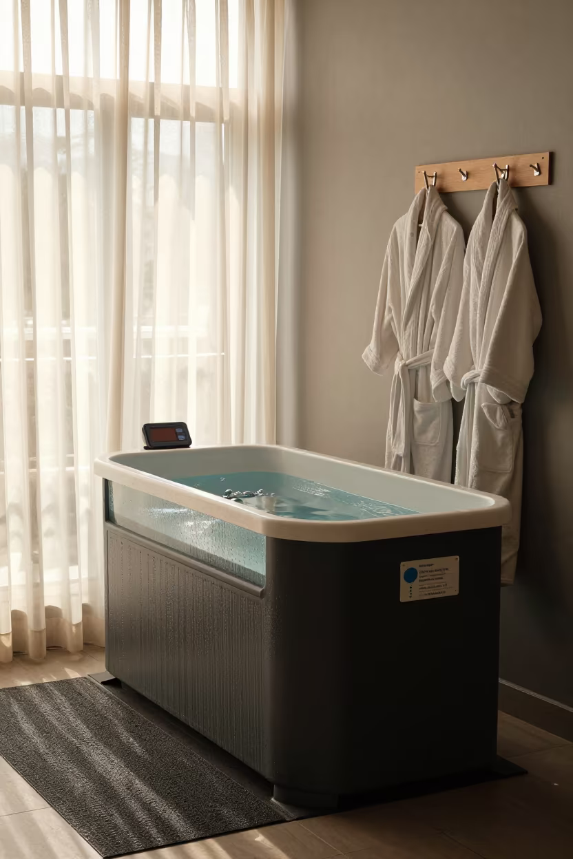 Abuja Gym Cold Plunge Station Afternoon Light in at a gym check-in desk near Abuja
