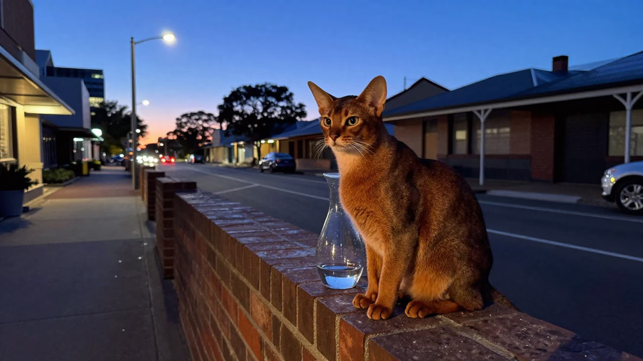 Abyssinian cat and glass carafe in Adelaide twilight street scene in in Adelaide, South Australia, Australia