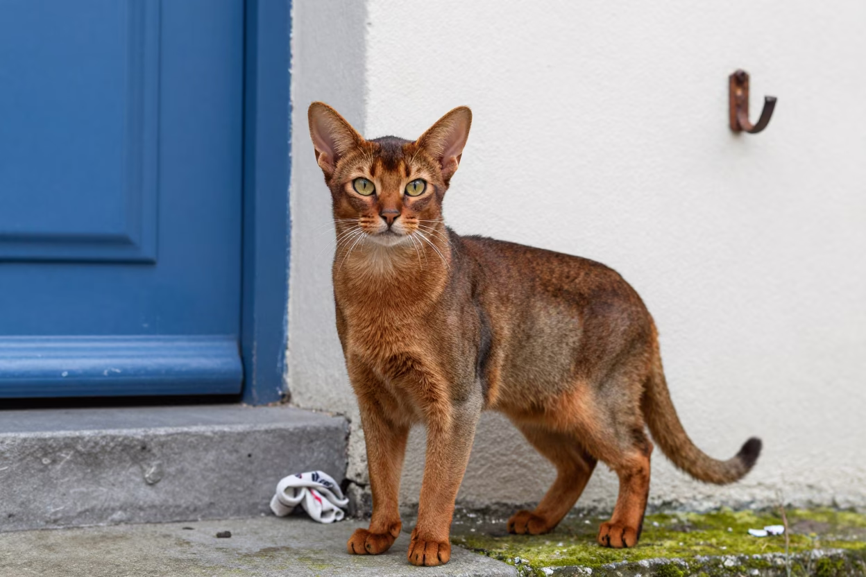Abyssinian Cat in Brussels Courtyard in beside a plain courtyard wall in clear daylight with the animal at eye level near Brussels