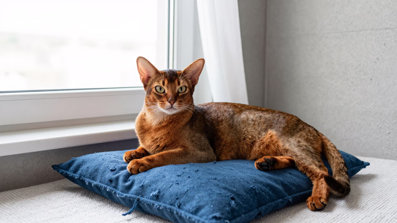 Abyssinian Cat Lounging Near Window in Kotri Bedroom in on a bedspread near a bright window with calm indoor light near Kotri