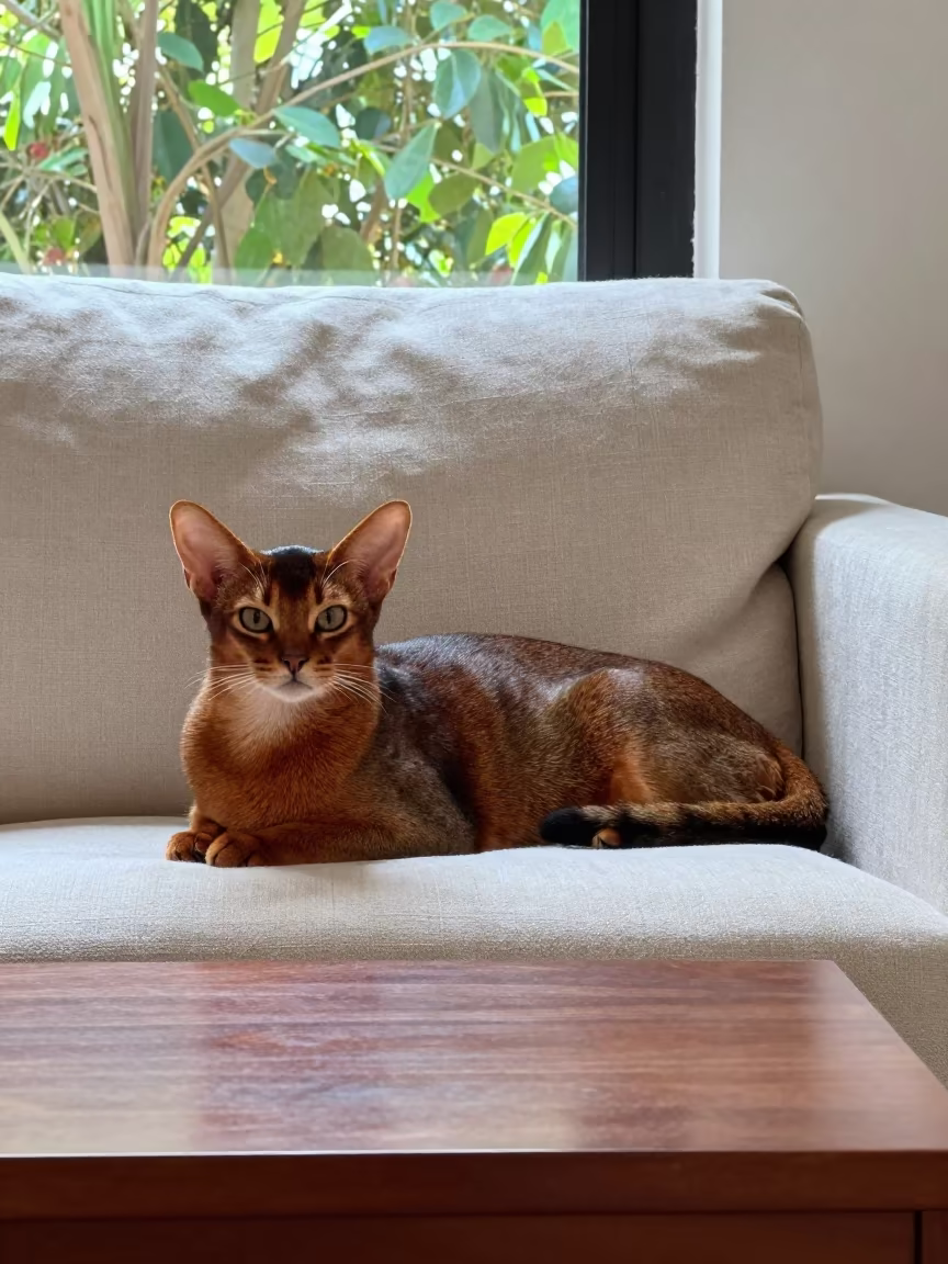 Abyssinian Cat Lounging on Linen Sofa in Sunlight in on a linen sofa with daylight from a nearby window in Gómez Palacio
