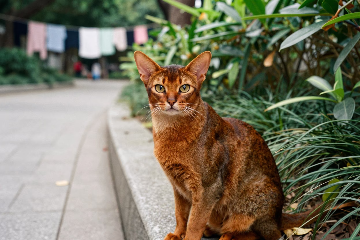 Abyssinian Cat on Shamian Island Park Path in along a quiet park path with soft open shade and a clean background in Shamian Island, Guangzhou