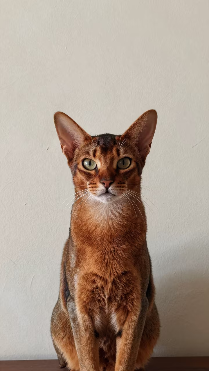 Abyssinian Cat Portrait Beside Plaster Wall in beside a plain plaster wall in soft indoor light with the animal centered in frame in Luanda