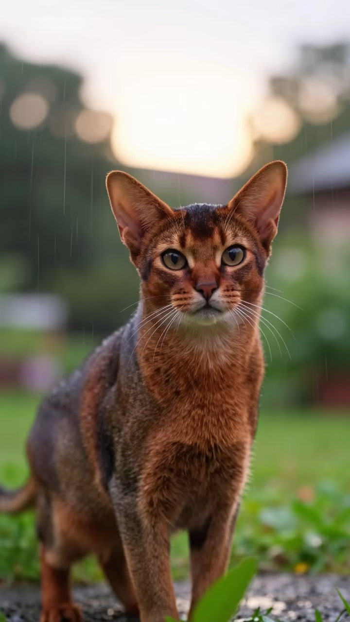 Abyssinian Cat Portrait Garden Morning Rain in near a garden edge with soft morning light and an uncluttered background in Heidelberg