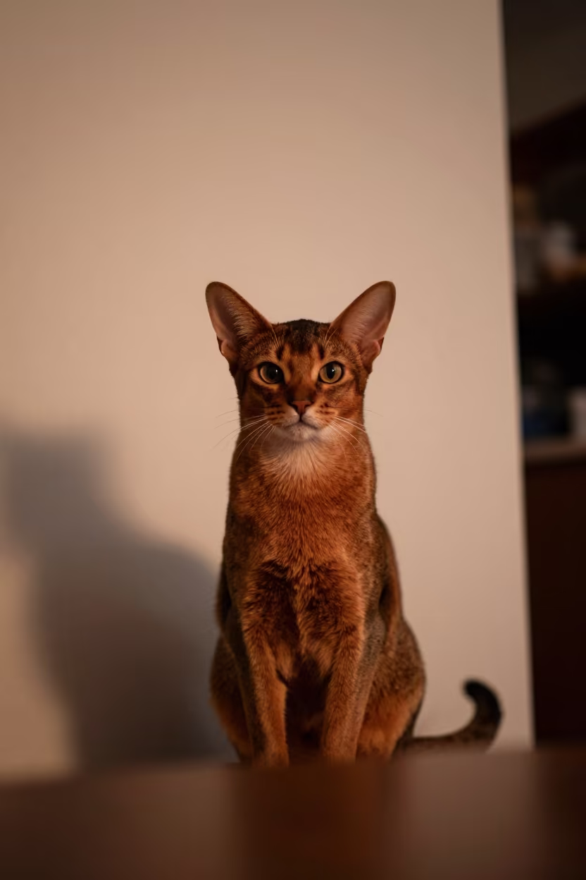 Abyssinian Cat Portrait in Hong Kong Apartment in beside a plain plaster wall in soft indoor light with the animal centered in frame in Tsim Sha Tsui, Hong Kong