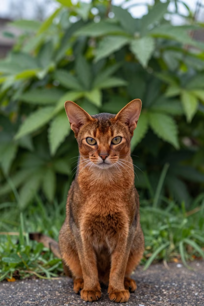 Abyssinian Cat Portrait in Ibagué Garden in near a garden edge with soft morning light and an uncluttered background in Ibagué