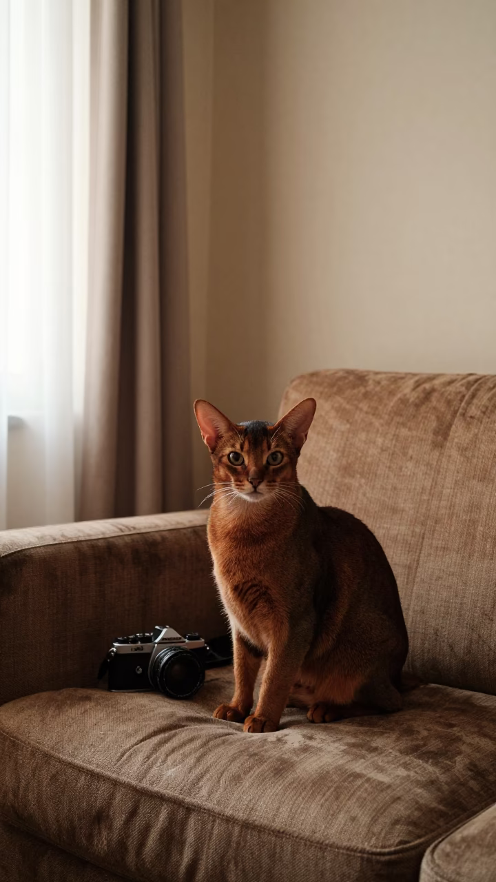 Abyssinian Cat Portrait on Conakry Sofa in on a sofa near a curtained window with calm indoor light in Conakry