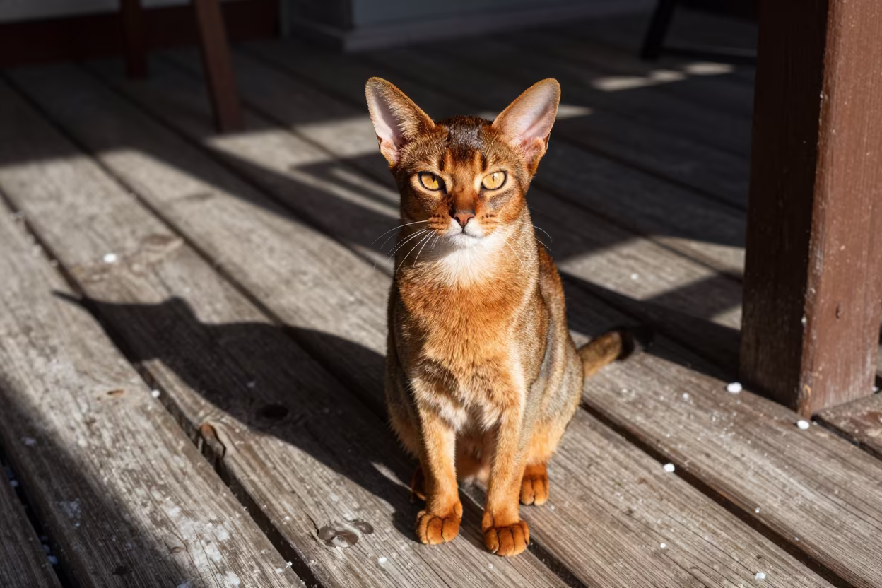 Abyssinian Cat Portrait on Shaded Izmir Porch in on a shaded front porch with boards, railings, and eye-level framing in Izmir