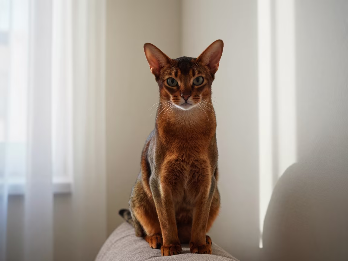 Abyssinian Cat Portrait on Sofa in Sidi Bel Abbès in on a sofa near a curtained window with calm indoor light near Sidi Bel Abbès