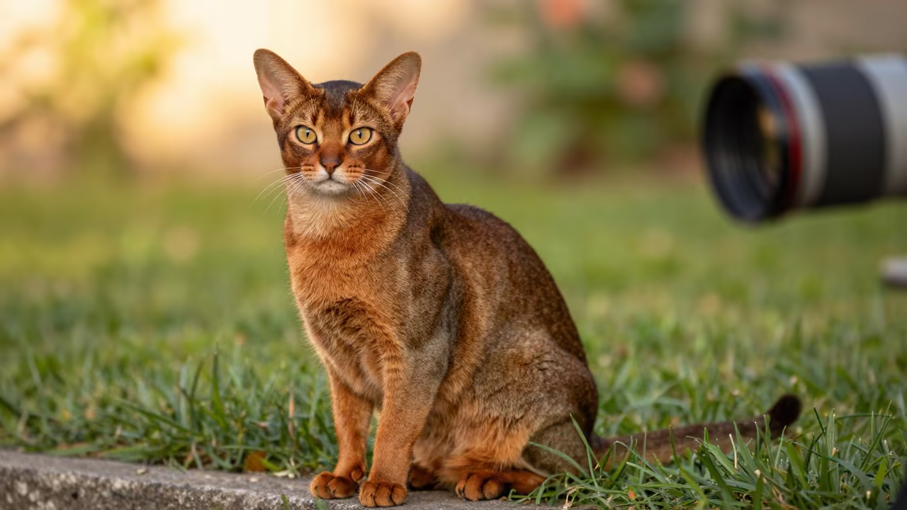 Abyssinian Cat Sitting in Early Winter Garden in in a small yard with clipped grass, calm light, and the animal centered in frame in Kotri