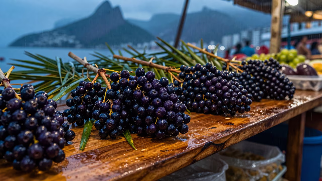 Açaí Berries at Rio Market Stall in at a market stall counter in Rio de Janeiro