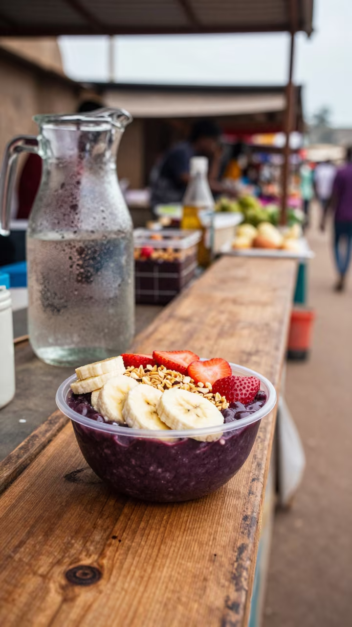 Açaí Bowl with Fresh Fruit Bamako Market Stall in at a market stall counter in Bamako