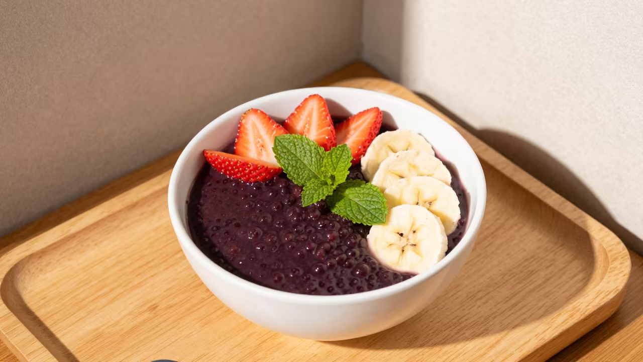 Acai Bowl Fruit Toppings Tea House Tray Kisumu in on a tea house tray in Kisumu