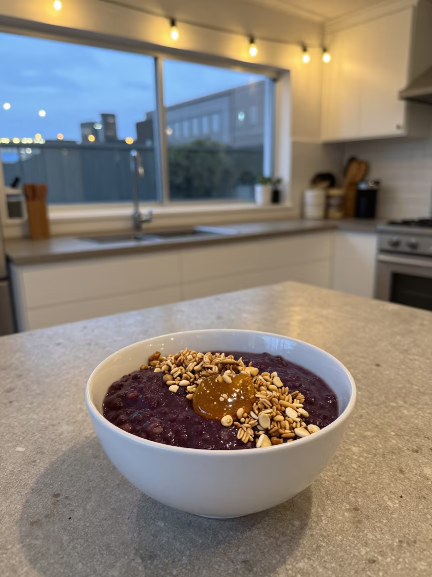 Acai Bowl with Granola and Honey on Kitchen Counter in on a kitchen worktop in Sydney