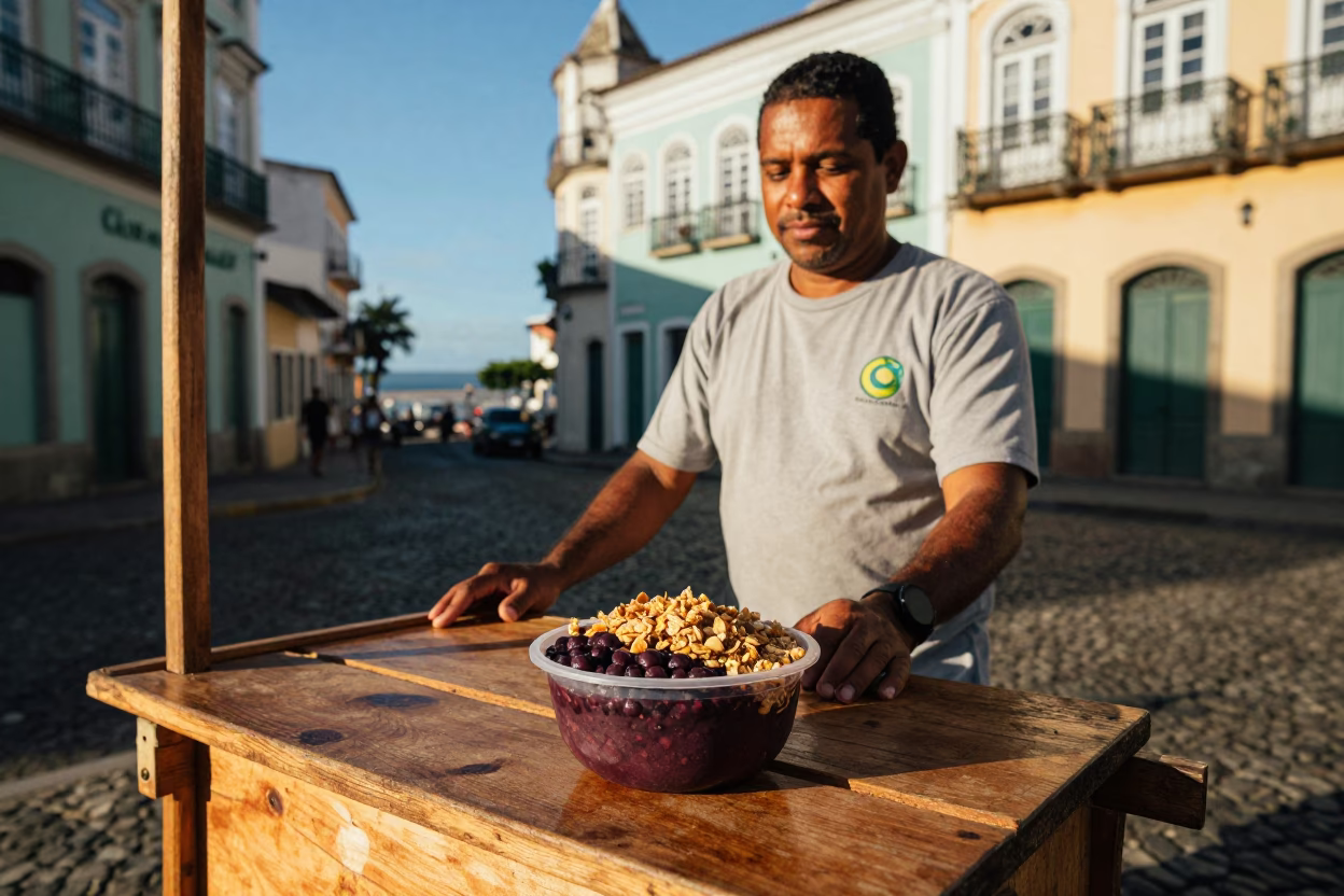 Açaí Bowl in Salvador at Clear Late-afternoon Light in in Salvador, Brazil