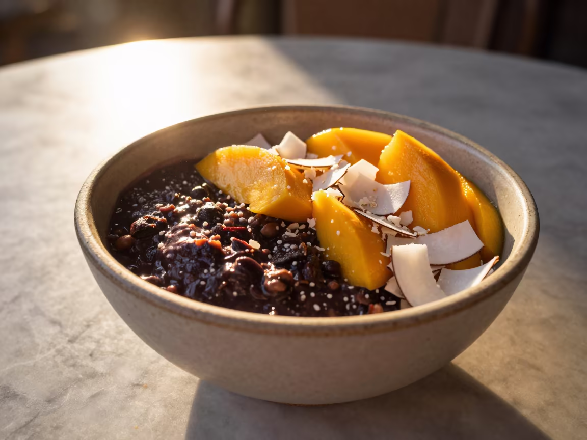 Acai Bowl Mango Coconut Taoyuan Cafe in on a marble cafe table in Taoyuan