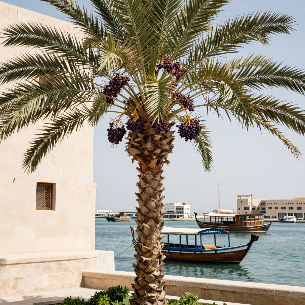 Açaí Palm Clusters and Traditional Dhows in Muscat Harbor Midday Sun in in Muscat, Oman