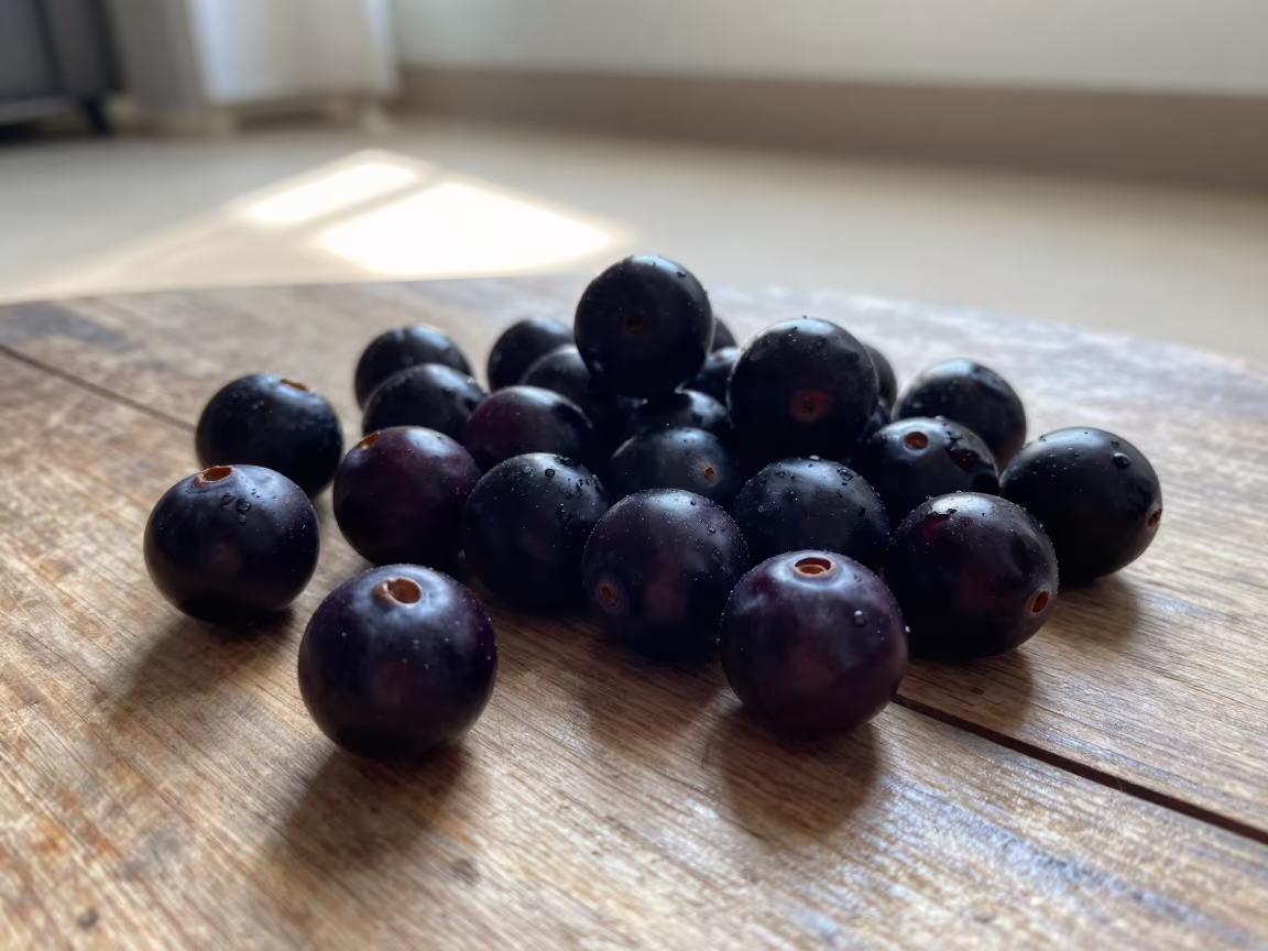 Dark Purple Açaí Berries on Rustic Wood Table in on a rustic wooden table in Holland Village, Singapore