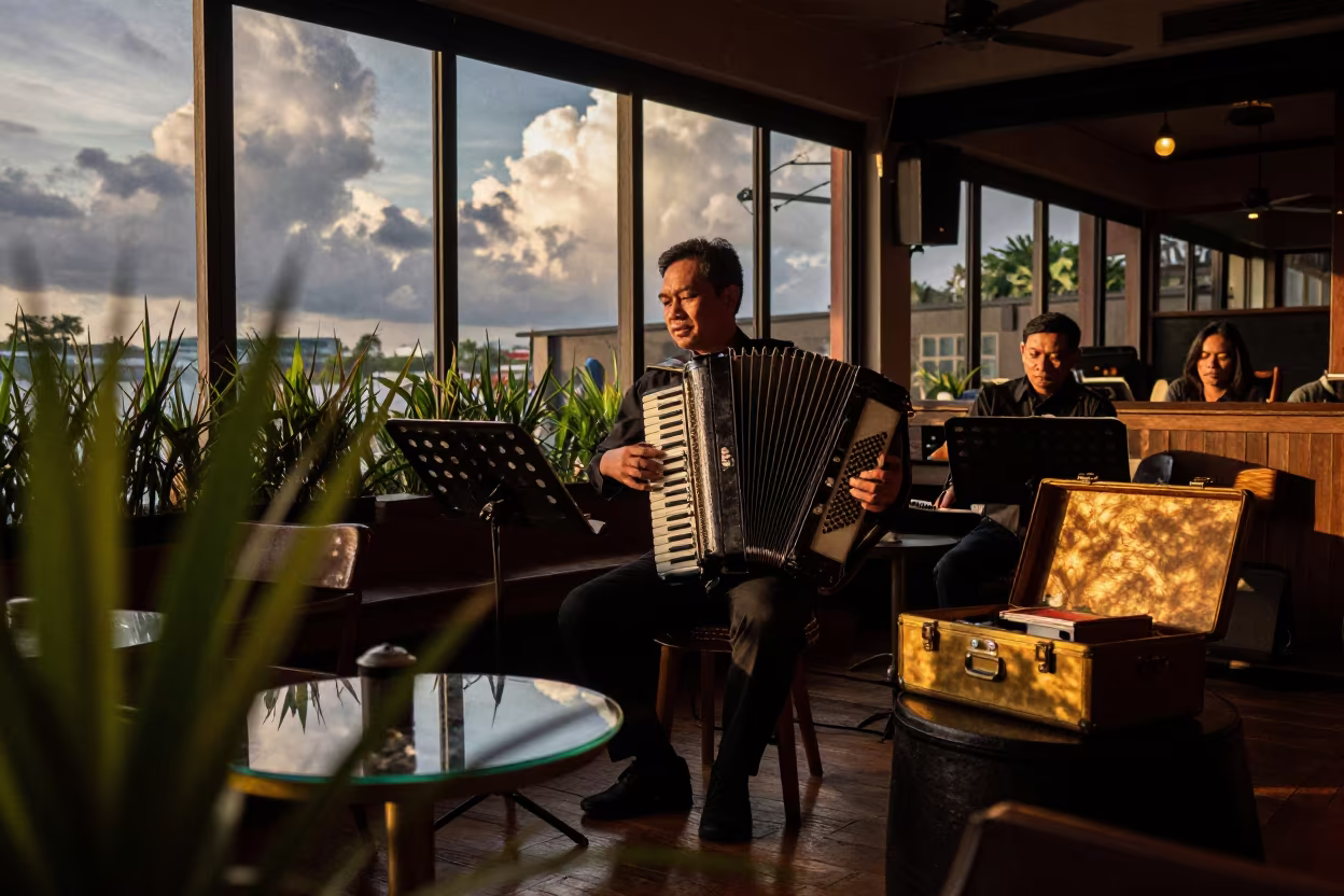 Accordion Busker in Glodok Jazz Club in at a jazz club in Glodok, Jakarta