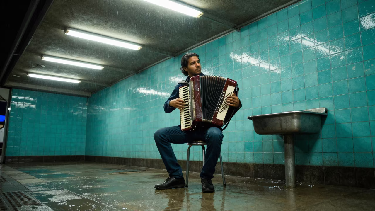 Accordion Busker in Irapuato Metro Under Fluorescent Light in in a concert hall in Irapuato