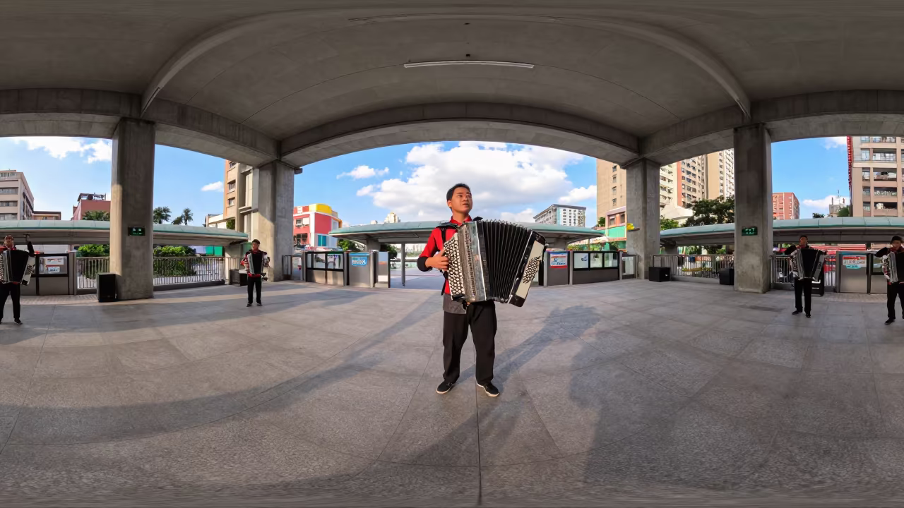Accordion Busker on Taipei Metro Stage in on a dimly lit stage in Wanhua, Taipei