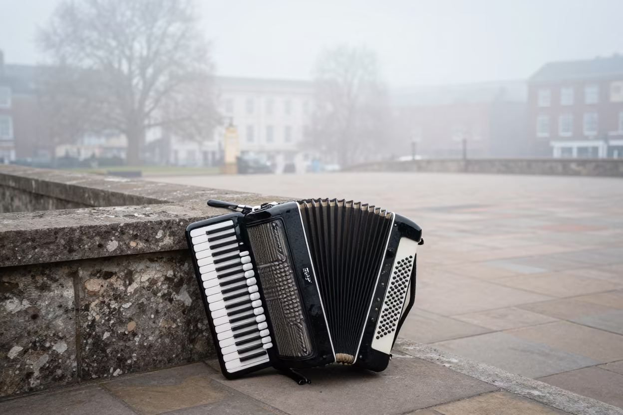 Accordion with Mother-of-Pearl Buttons in Portsmouth Mist in at a public square in Portsmouth