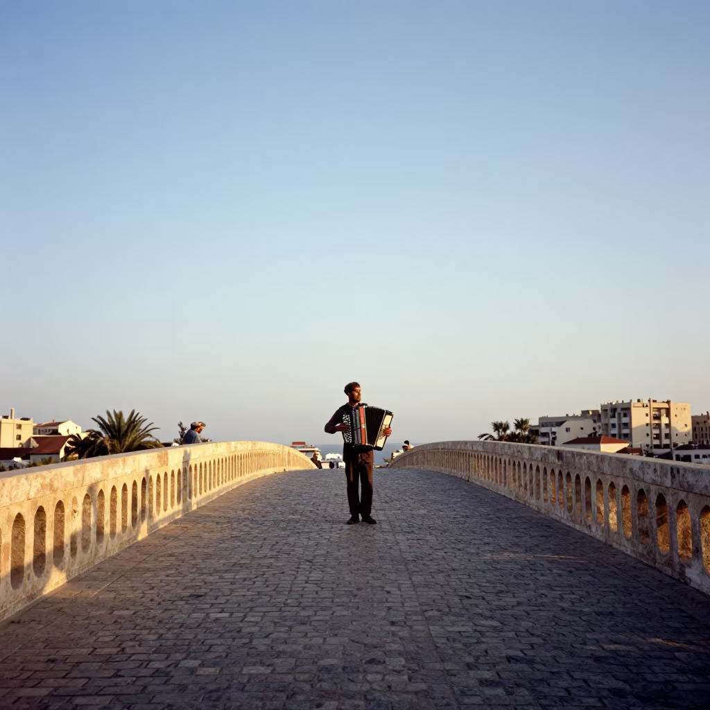 Accordion Musician on Benghazi Bridge at Sunset in in Benghazi