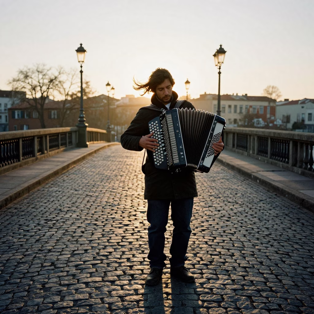 Accordion Musician on Cobblestone Bridge at Golden Hour in near Maxixe