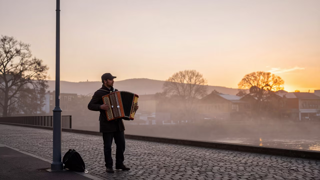 Accordion Player on Ballarat Cobblestone Bridge at Sunset in in Ballarat