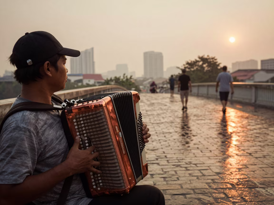 Accordion Player on Cobblestone Bridge in Bangkok in at a public square in Sukhumvit, Bangkok
