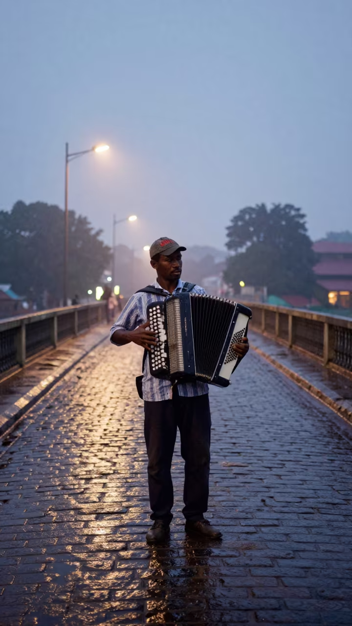 Accordion Player on Hoima Cobblestone Bridge at Dusk in near Hoima
