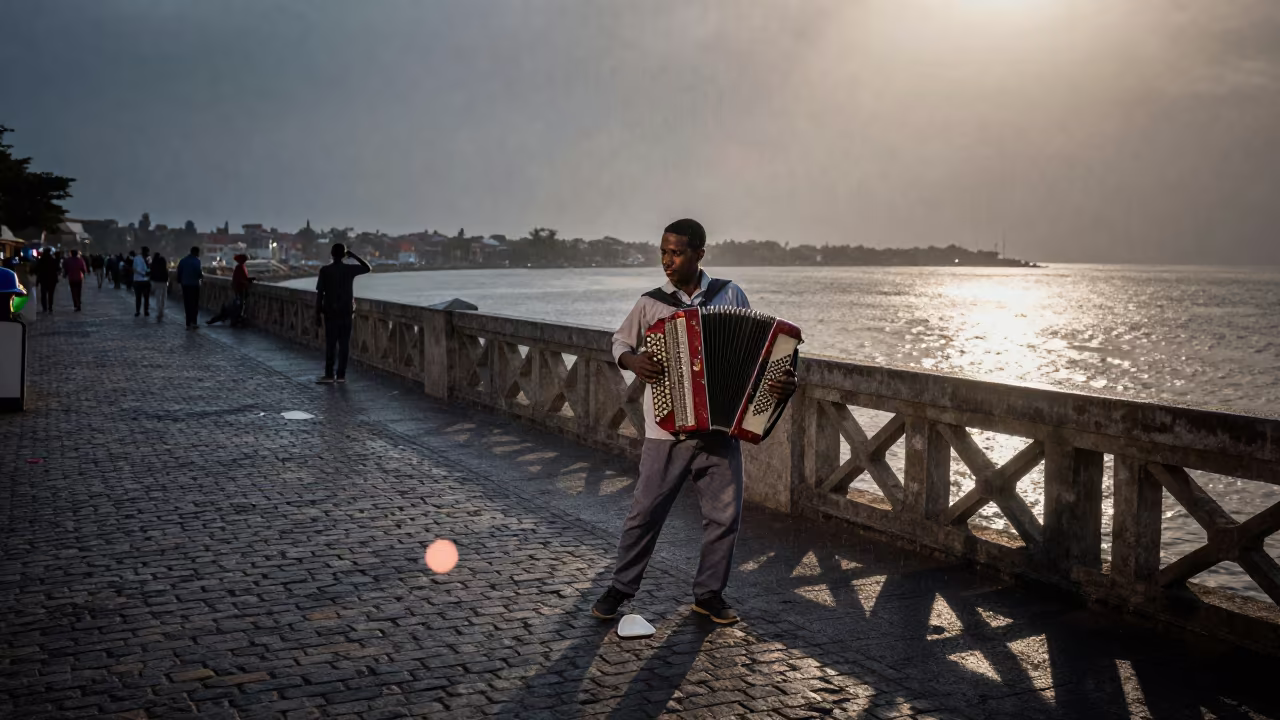 Accordion Player on Mogadishu Bridge at Twilight in at a harbor edge in Mogadishu