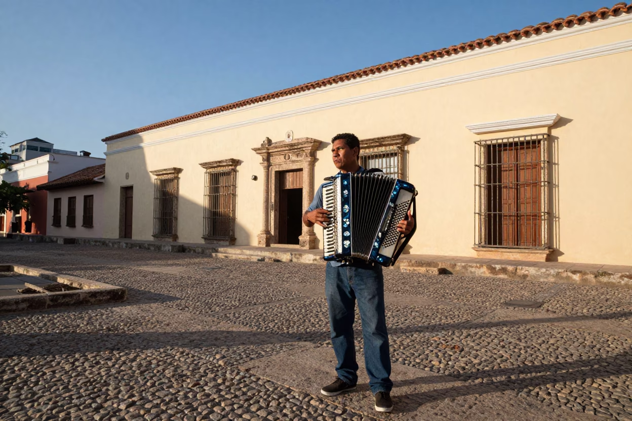 Accordion Player Performing on Historic Colonial Plaza in Cartagena Colombia Late Afternoon in in Cartagena, Colombia