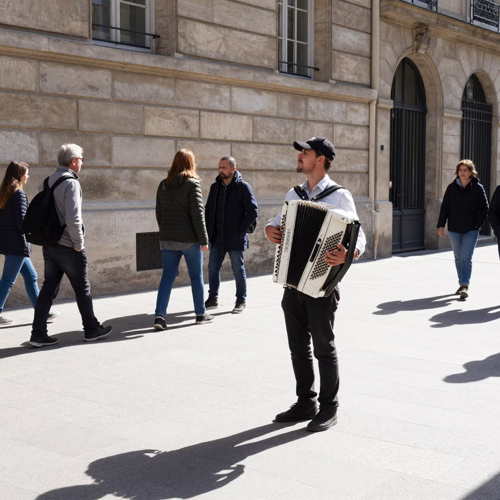 Accordion Player Performing on Paris Sidewalk During Bright Midmorning Light in in Paris, France